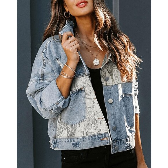 Women's Loose Button Down Cropped Denim Jacket Long Sleeves Cheetah Light Blue - Picture 3 of 6